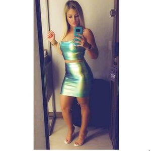 Fashion Nova Iridescent Green and Gold highwaisted skirt set